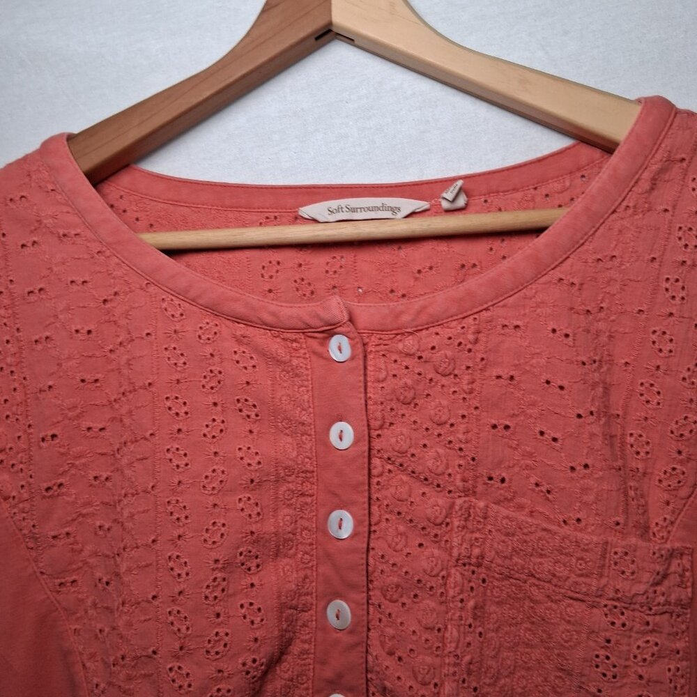 Soft Surroundings Tunic Henley Shirt Large Coral Knit Lace Eyelet Button Up - Picture 13 of 14